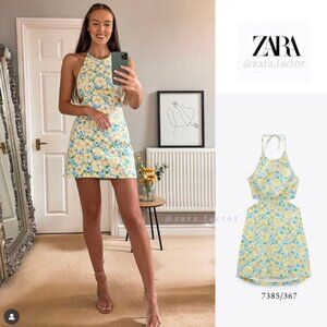 Zara Yellow and Blue Floral Open Back Halter Mini Dress - Small